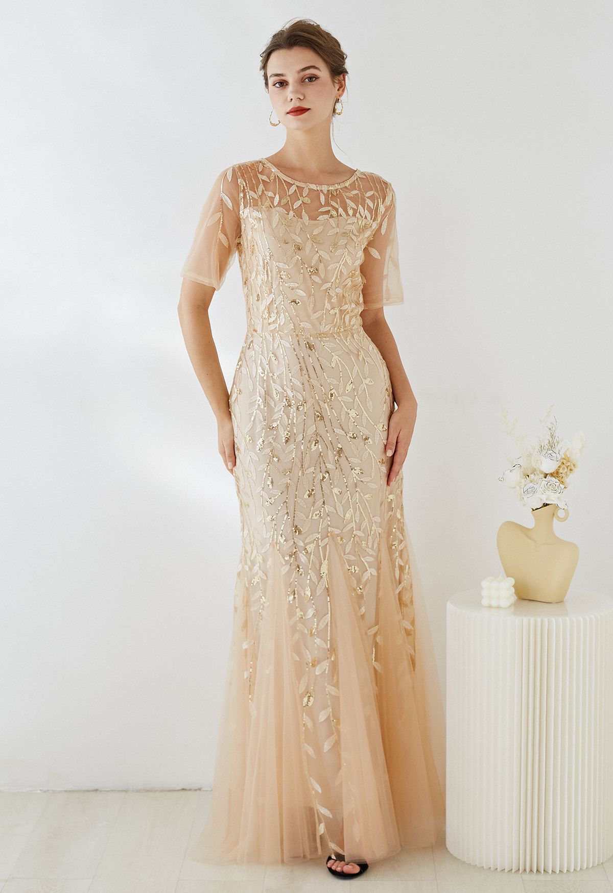Leaves Branch Sequined Mesh Panelled Gown in Apricot