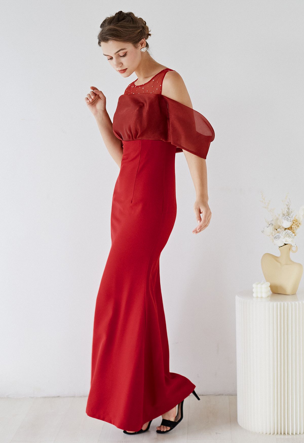 Spliced Organza Cold-Shoulder Gown in Red