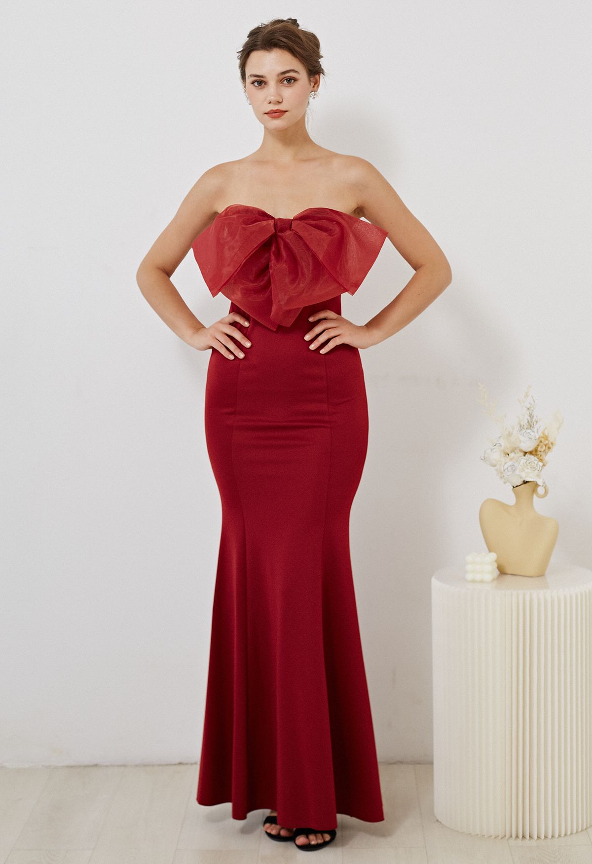 Bowknot Strapless Mermaid Gown in Burgundy