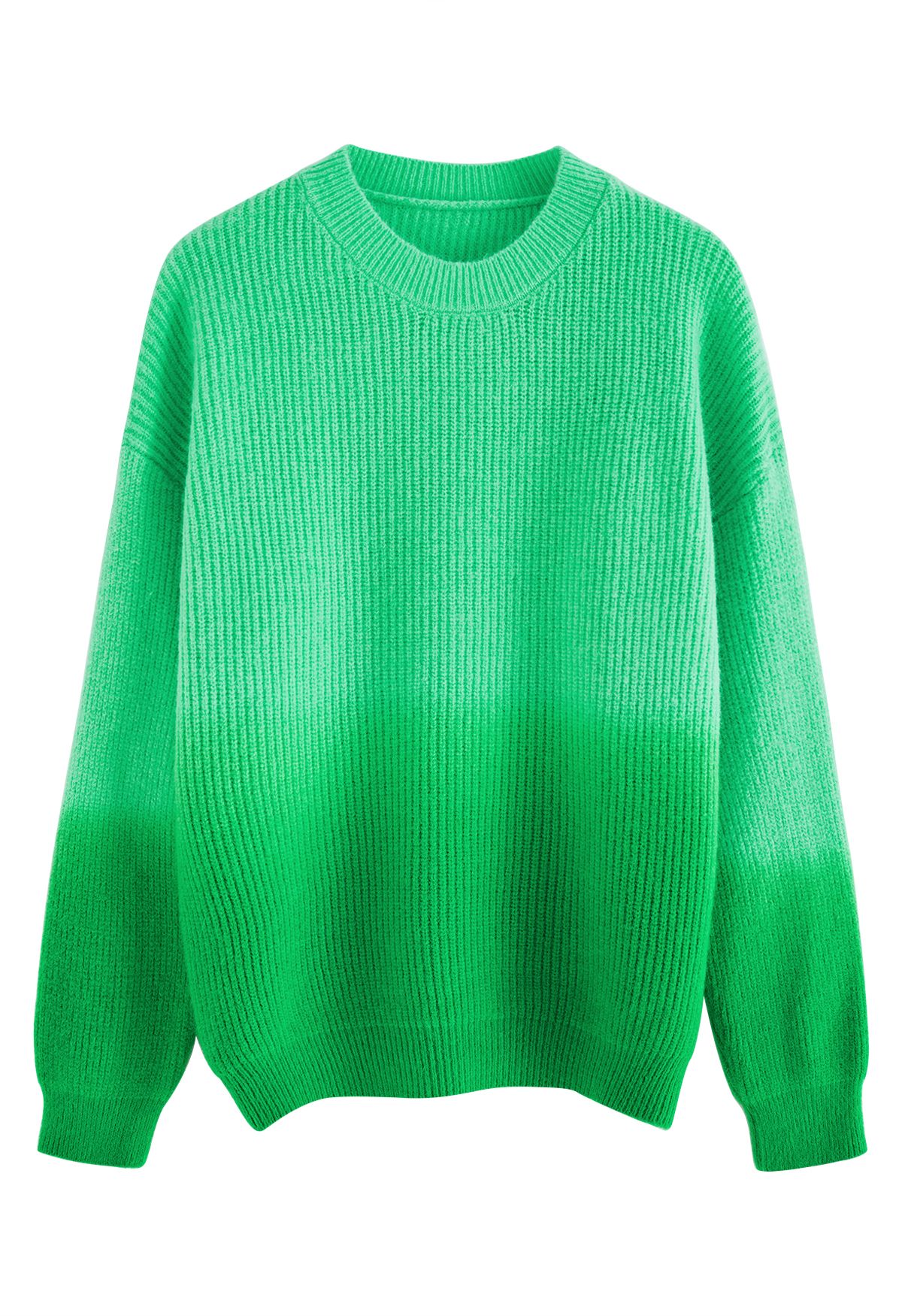 Ombre Round Neck Rib Knit Sweater in Green