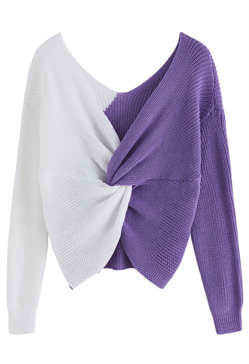 V-Neck Twist Front Two-Tone Sweater in Lilac