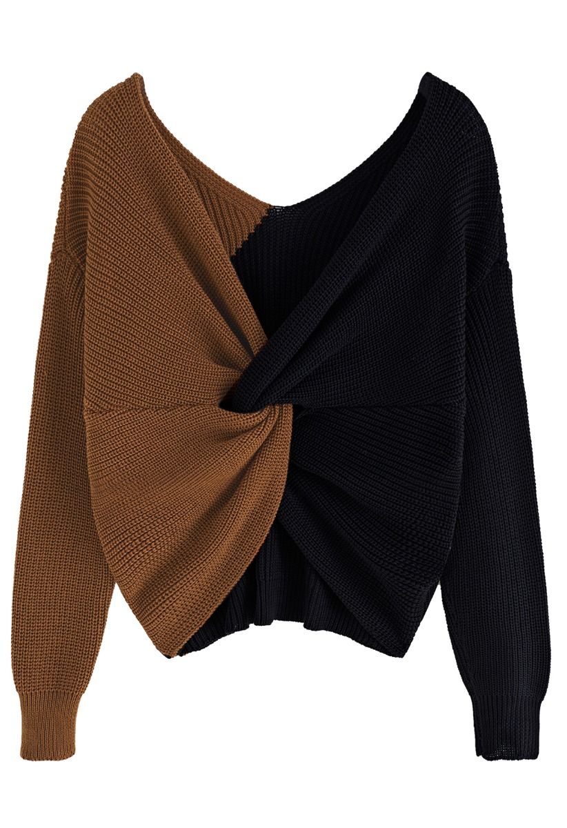 V-Neck Twist Front Two-Tone Sweater in Brown