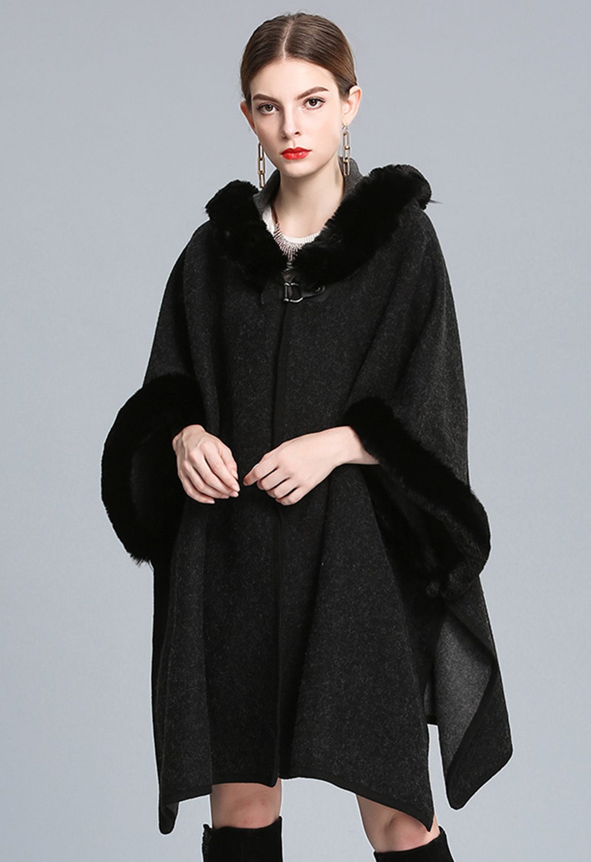 Cozy Faux Fur Hooded Poncho in Black - Retro, Indie and Unique Fashion