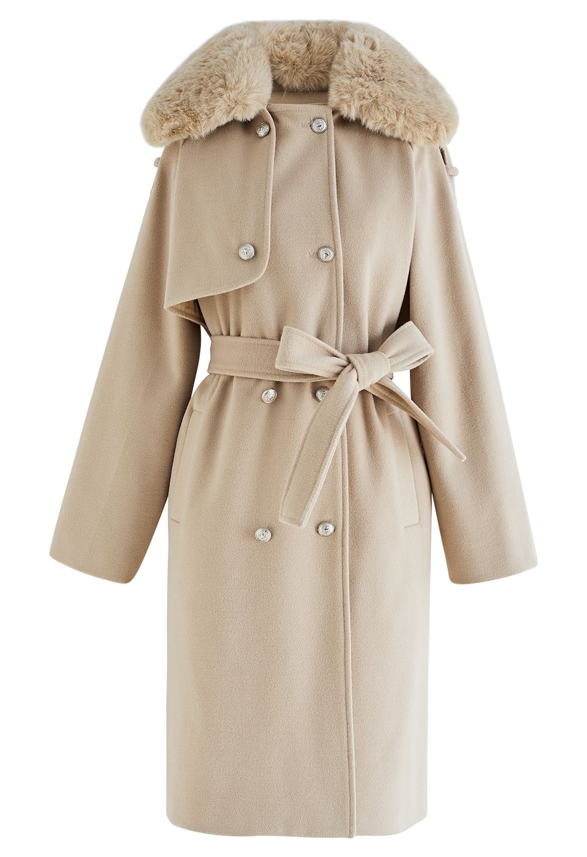 Faux Fur Collar Double Breasted Belted Coat in Oatmeal - Retro, Indie ...