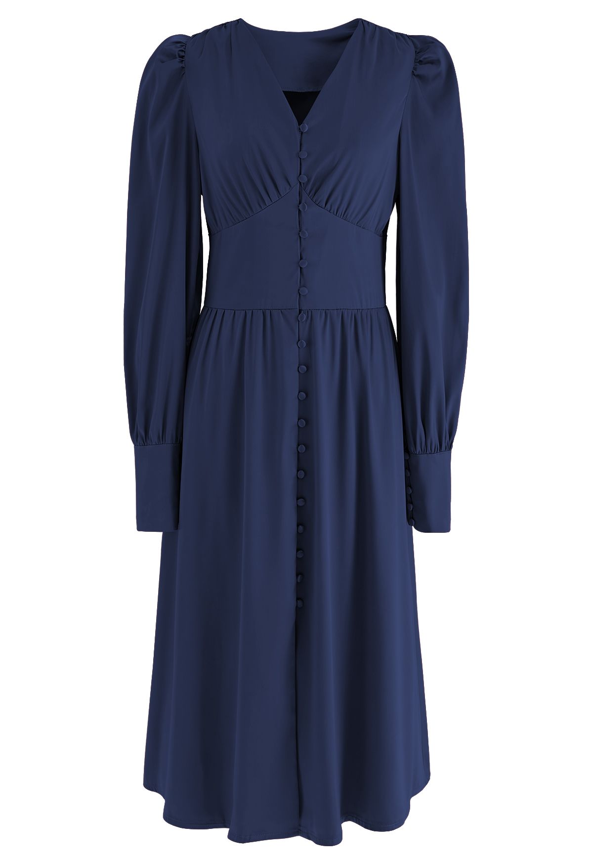 Puff Sleeves Button Up Satin Midi Dress in Navy