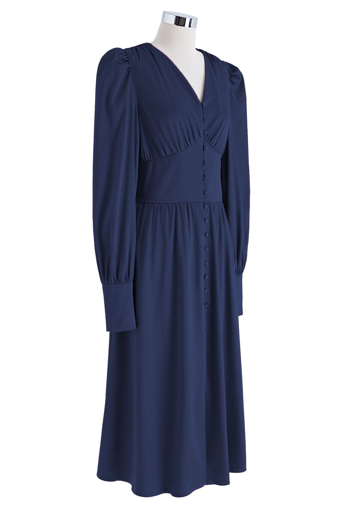 Puff Sleeves Button Up Satin Midi Dress in Navy