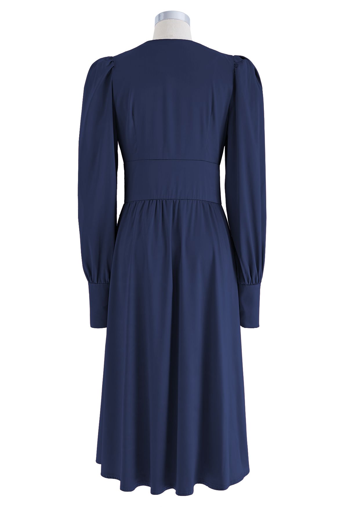 Puff Sleeves Button Up Satin Midi Dress in Navy - Retro, Indie and ...