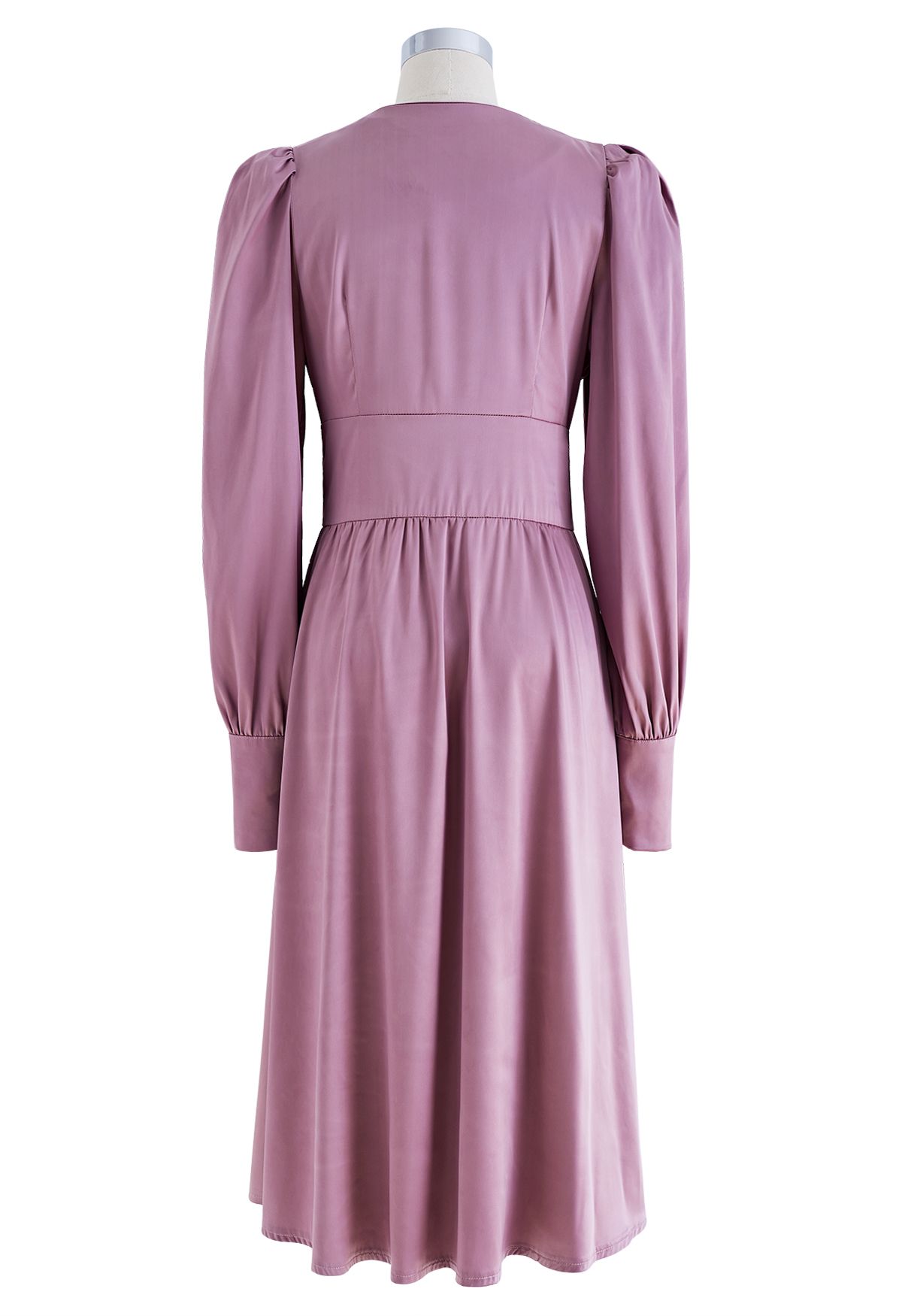 Puff Sleeves Button Up Satin Midi Dress in Lilac