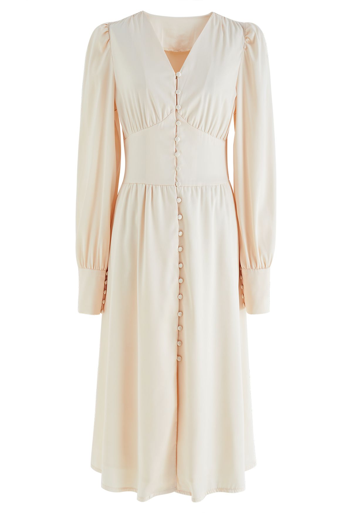 Puff Sleeves Button Up Satin Midi Dress in Cream - Retro, Indie and ...