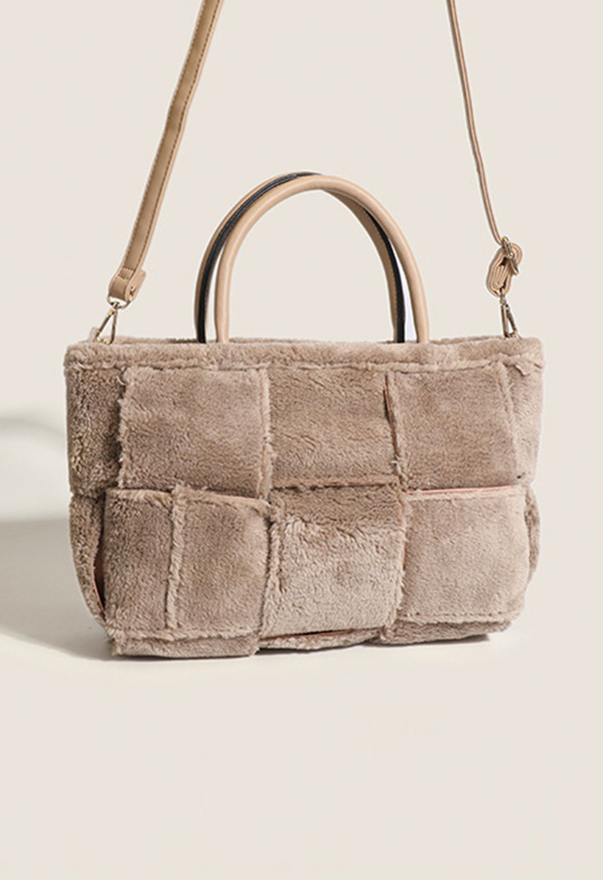Check Texture Faux Lambswool Handbag in Light Tan