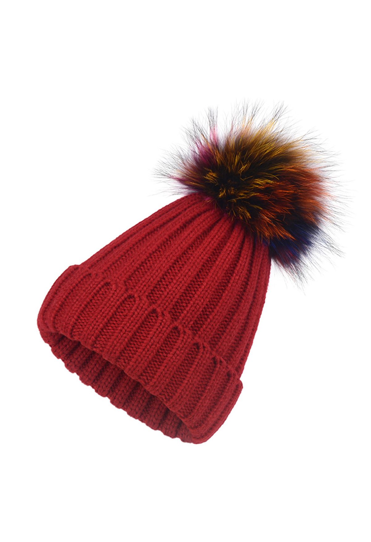 Colorful Pom-Pom Trim Beanie Hat in Red