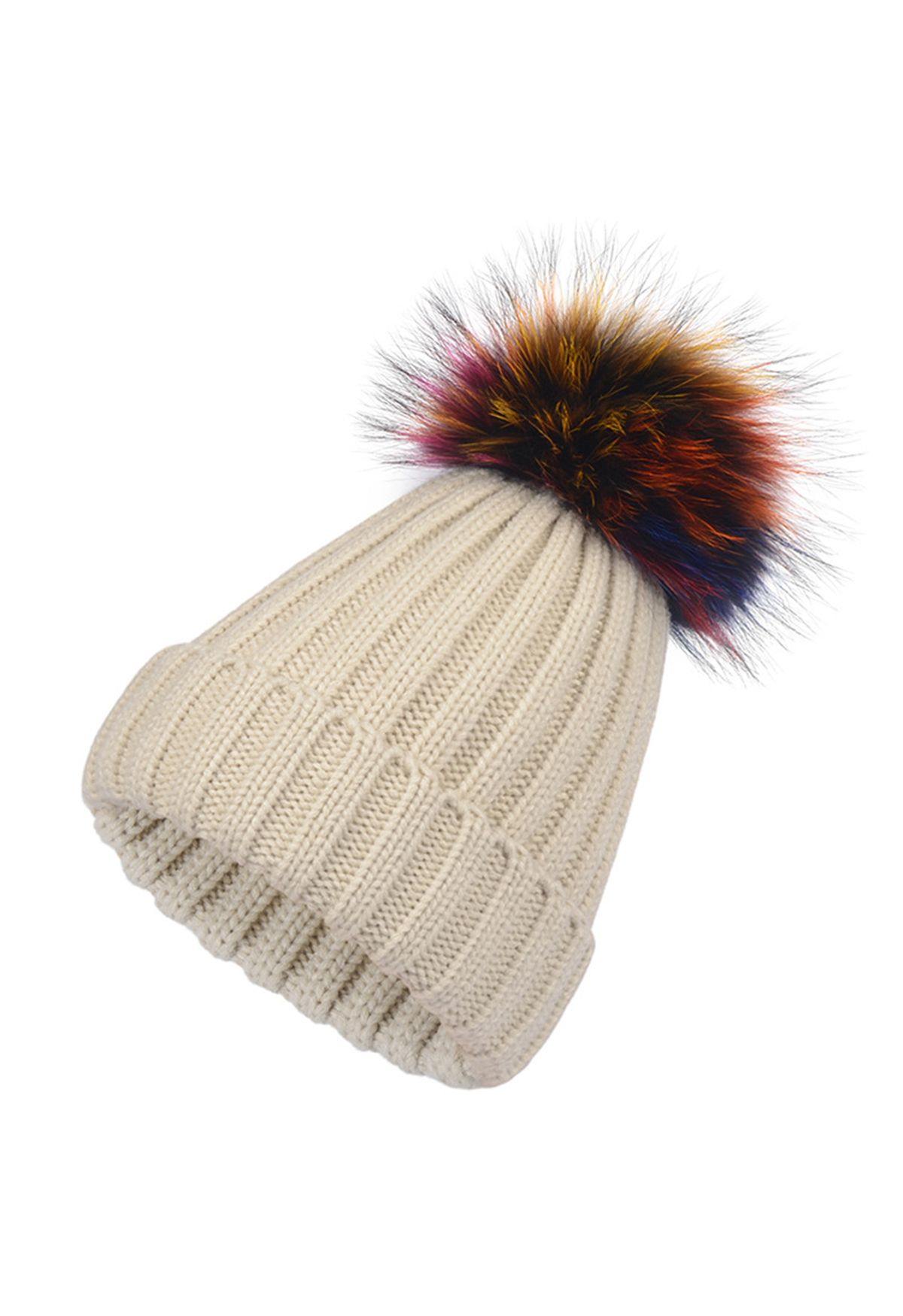 Colorful Pom-Pom Trim Beanie Hat in Sand
