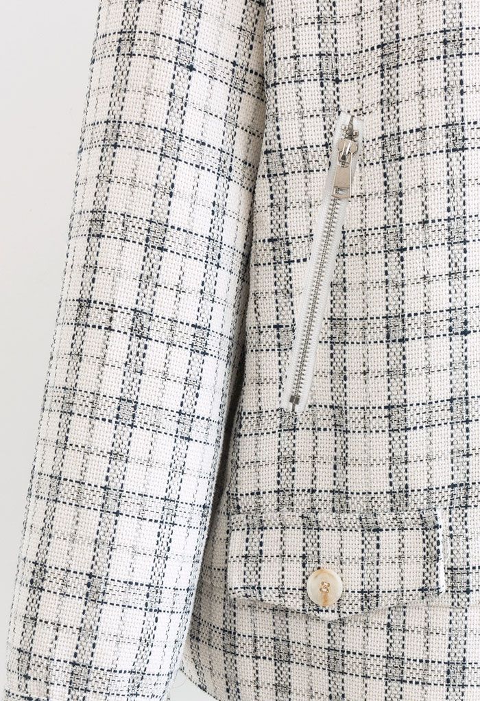 Zip-Up Check Tweed Blazer in White
