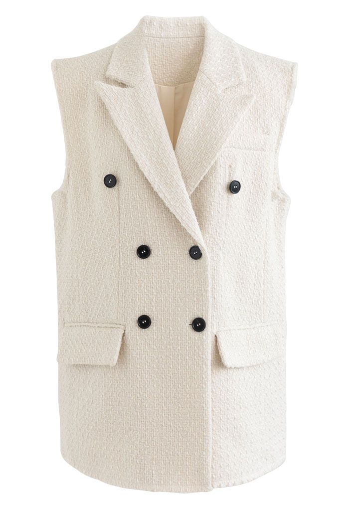 Double-Breasted Flap Pocket Tweed Vest in Ivory