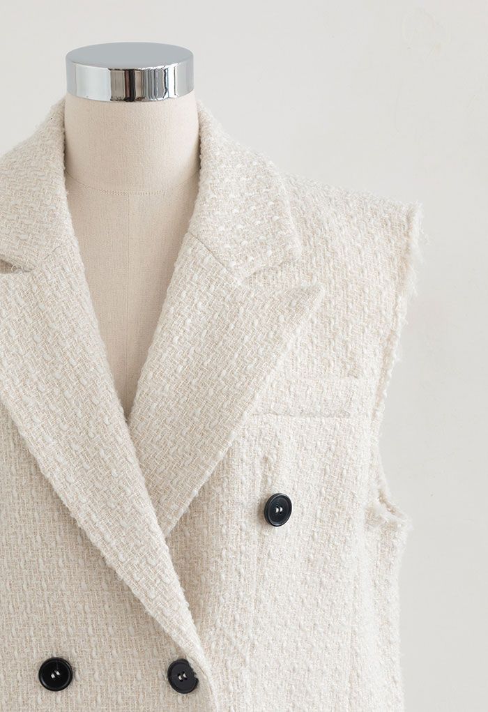 Double-Breasted Flap Pocket Tweed Vest in Ivory
