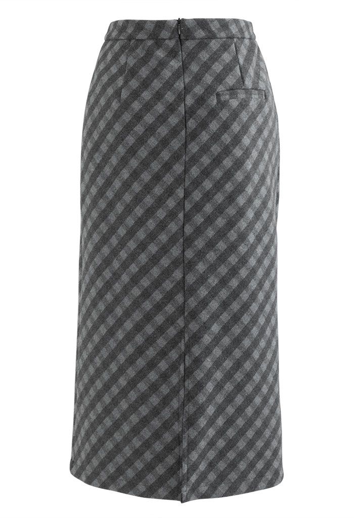 Plaid Print Wool-Blend Pencil Midi Skirt in Smoke