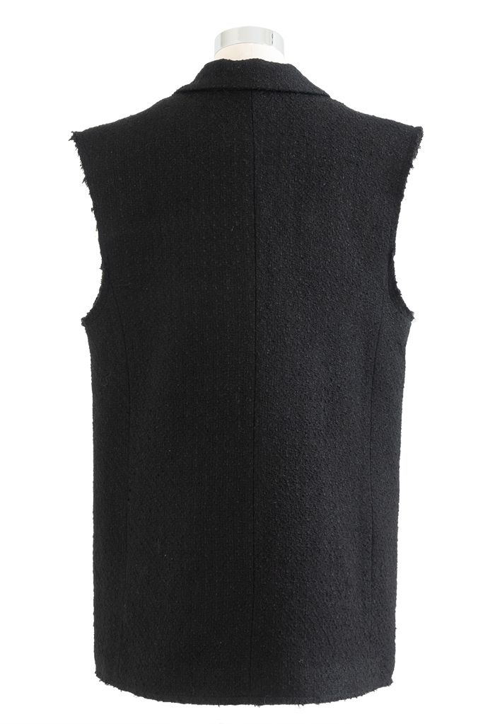 Double-Breasted Flap Pocket Tweed Vest in Black