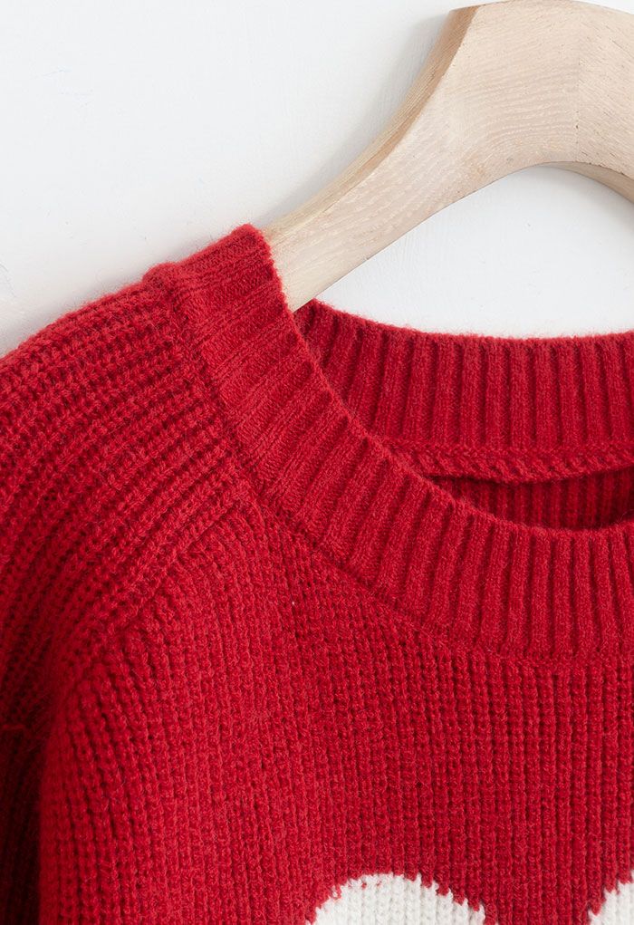 One Heart Rib Knit Oversized Sweater in Red