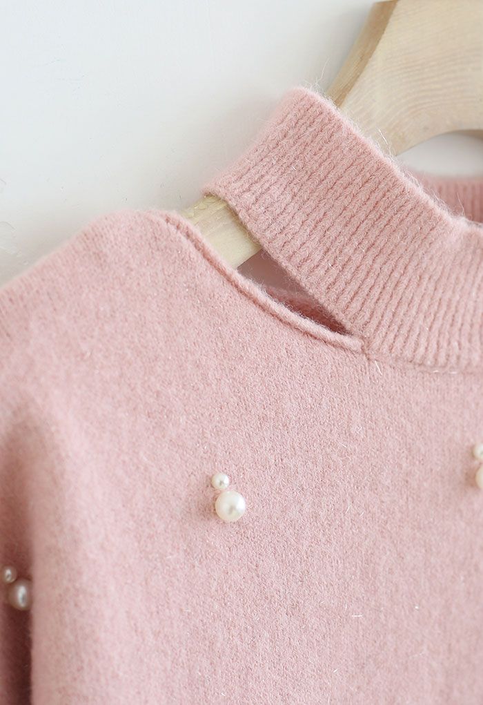 Pearly Cut Out Shoulder Shimmer Knit Sweater in Pink