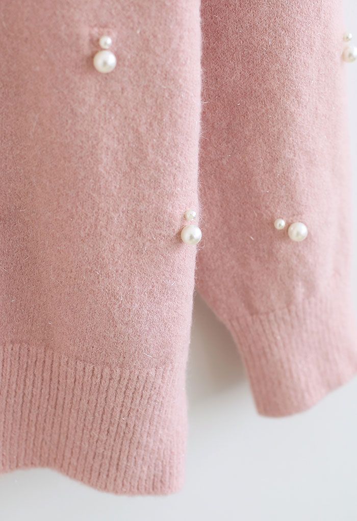 Pearly Cut Out Shoulder Shimmer Knit Sweater in Pink