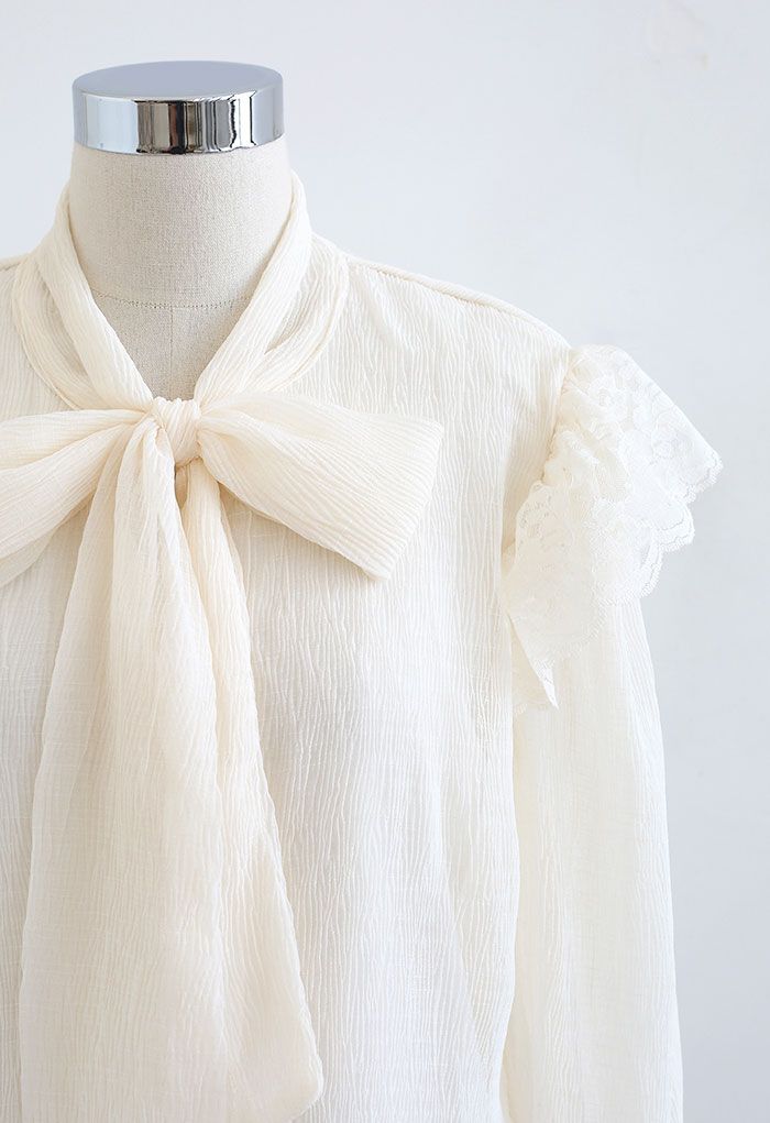 Embossed Texture Self-Tie Bowknot Top - Retro, Indie and Unique Fashion