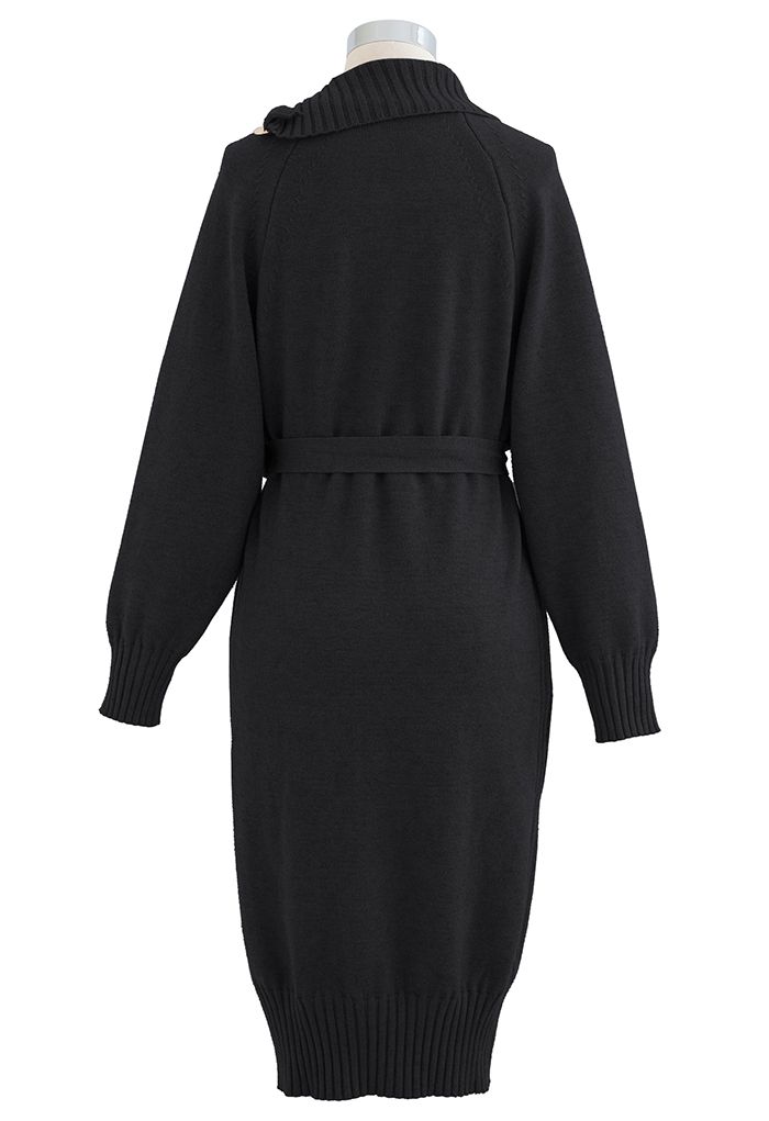 Buttoned Side Flap Collar Knit Midi Dress in Black