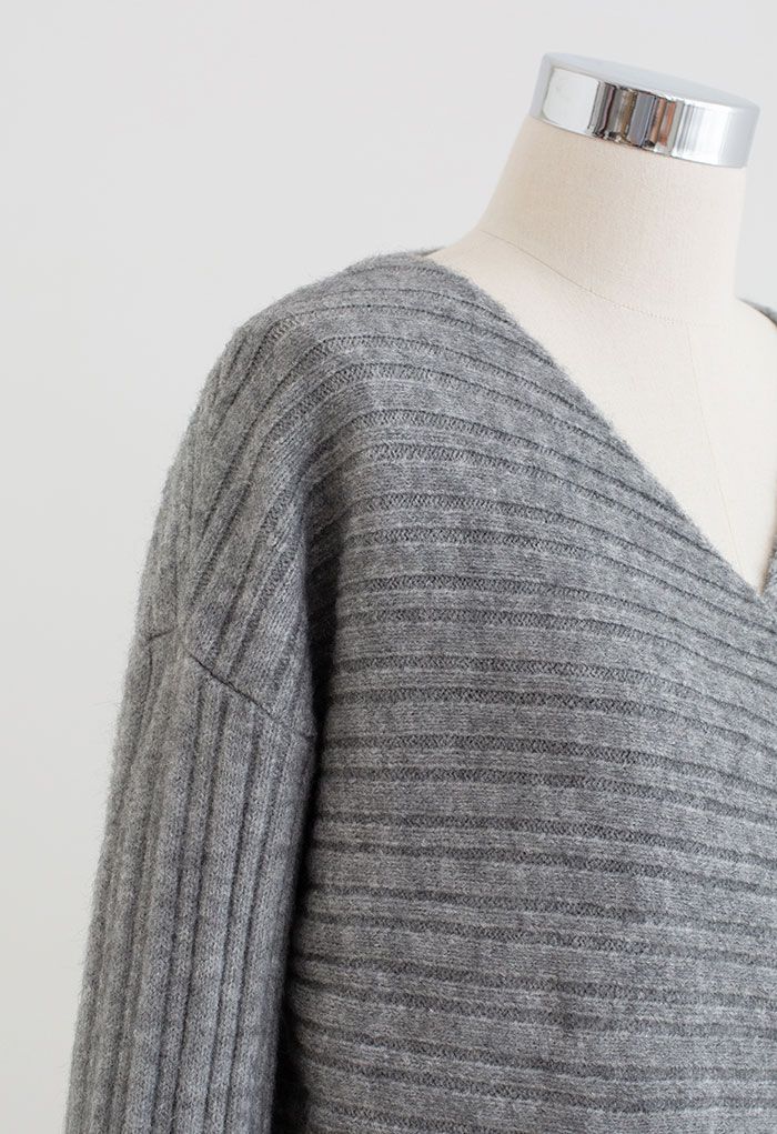 Long Sleeve V-Neck Wrapped Sweater in Grey