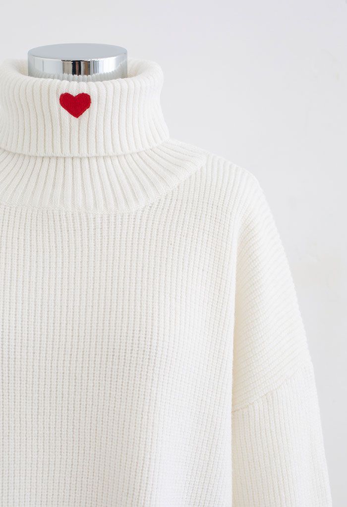 Embroidered Red Heart Turtleneck Crop Sweater in White