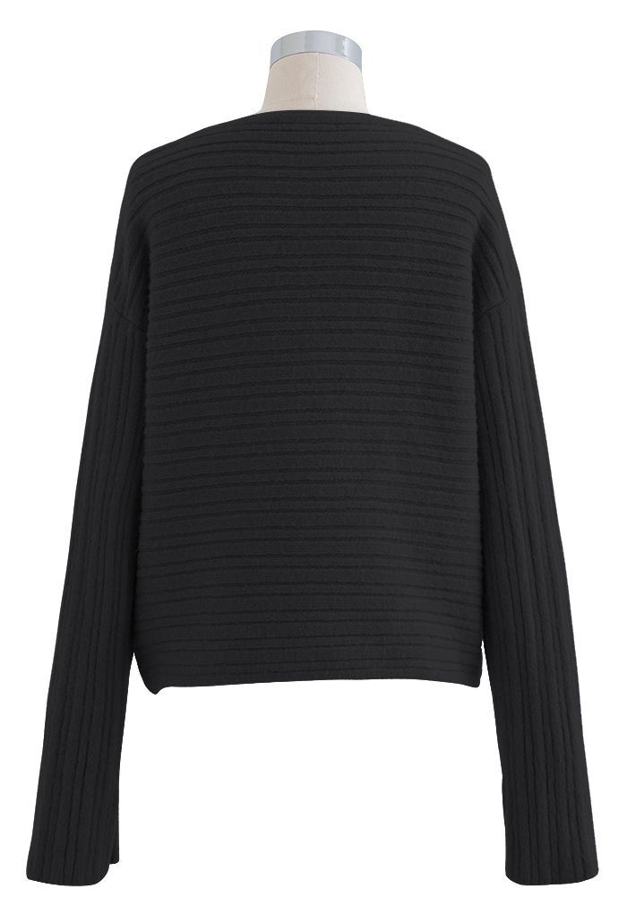 Long Sleeve V-Neck Wrapped Sweater in Black
