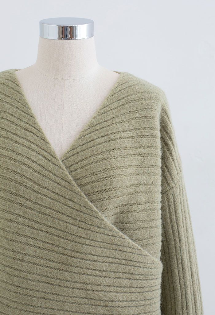 Long Sleeve V-Neck Wrapped Sweater in Moss Green