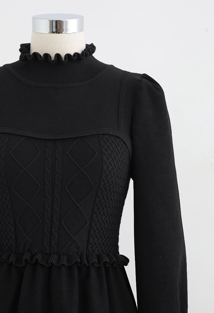 Ruffle Diamond Knit Spliced Midi Dress in Black