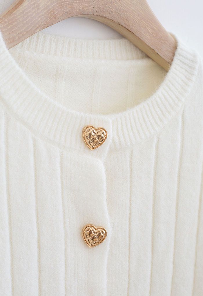 Golden Heart Button Crop Fitted Cardigan in Ivory