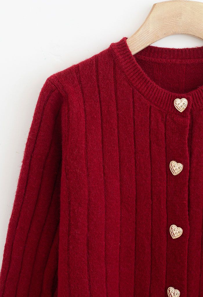 Golden Heart Button Crop Fitted Cardigan in Burgundy