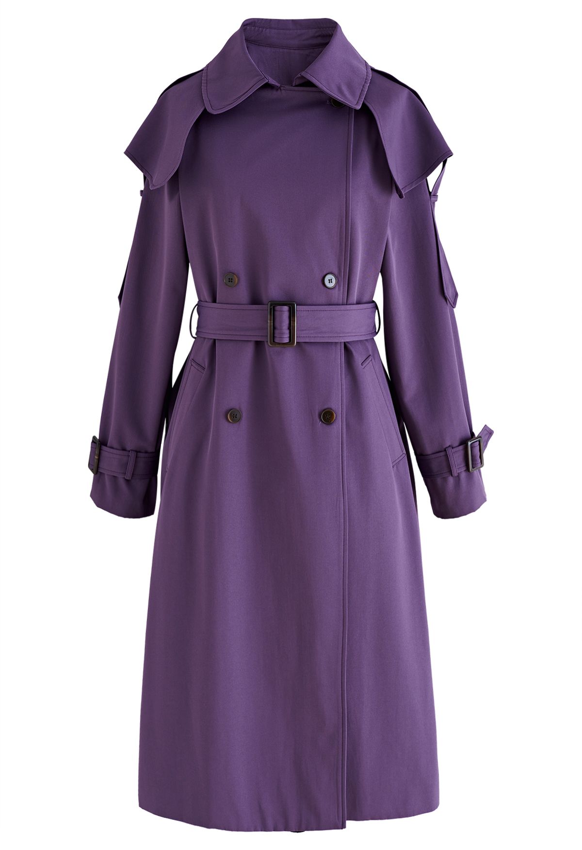 Storm Flap Double-Breasted Belted Trench Coat in Purple