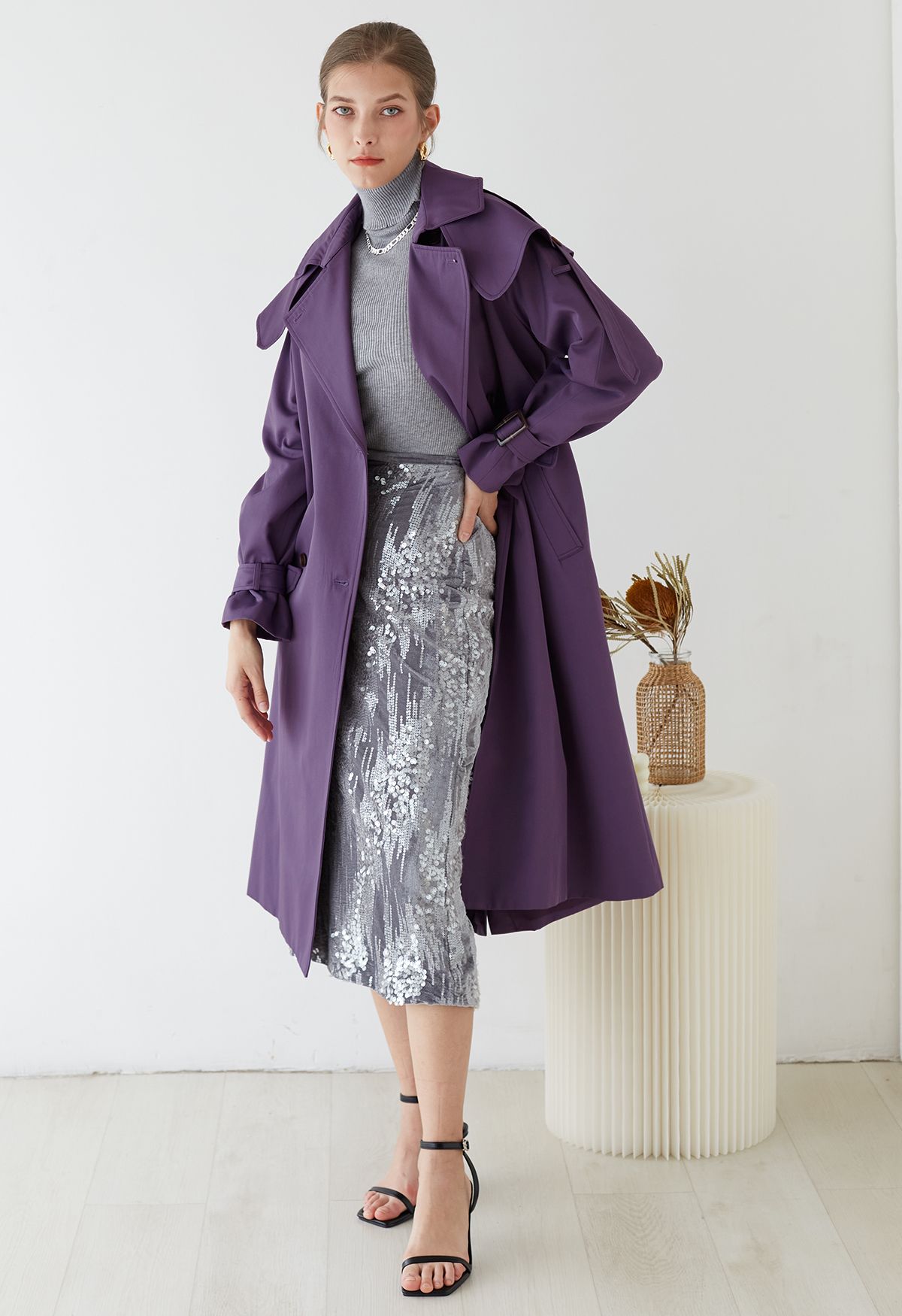 Storm Flap Double-Breasted Belted Trench Coat in Purple