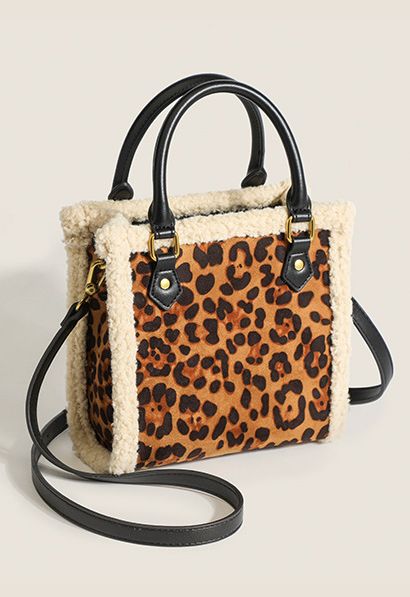 Contrast Lambswool Trim Shoulder Bag in Leopard