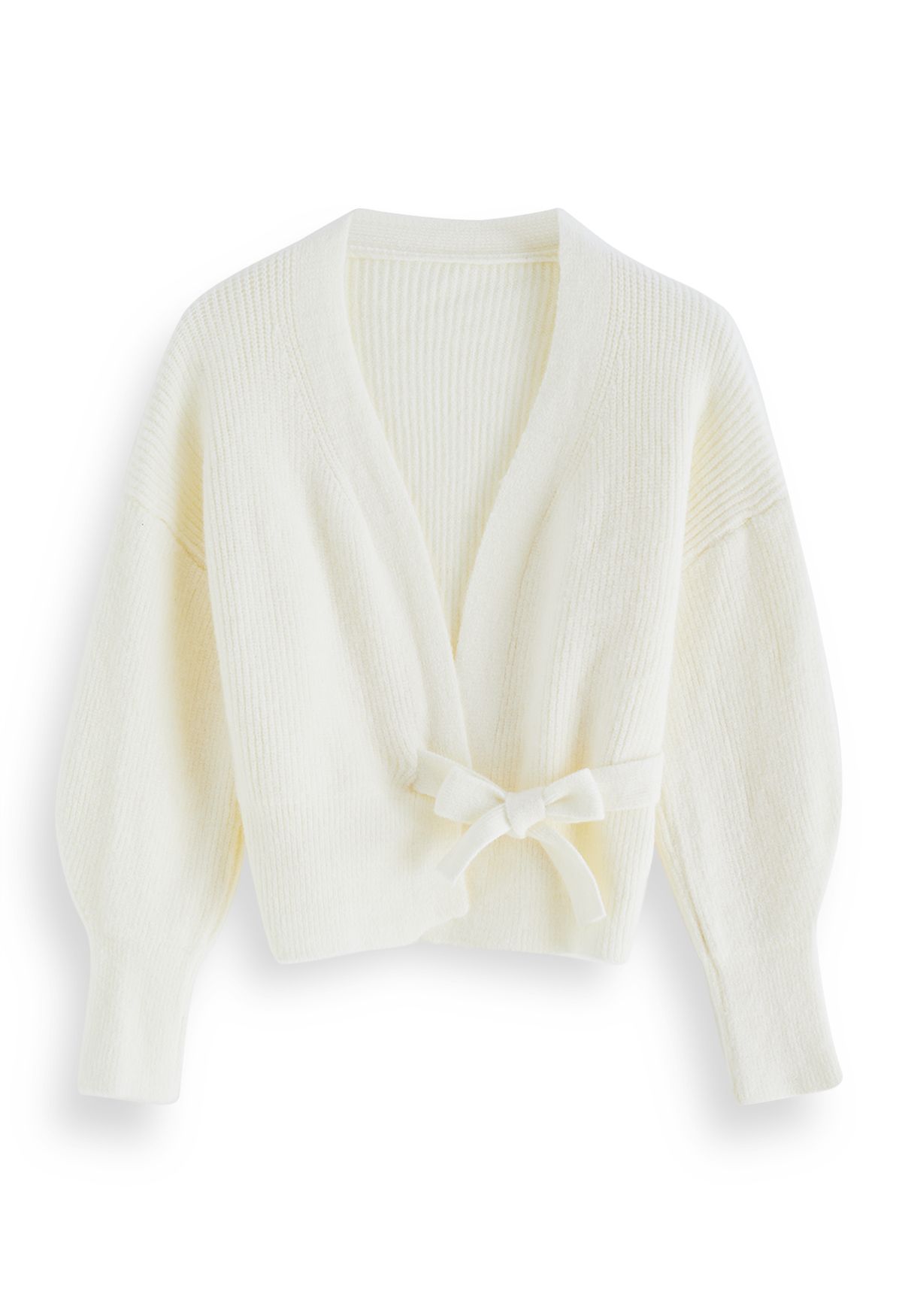 Self-Tie Bowknot Wrap Knit Top in Ivory