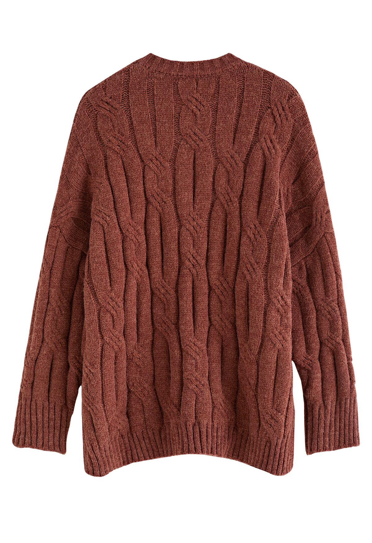 Braid Texture Round Neck Knit Sweater in Rust Red
