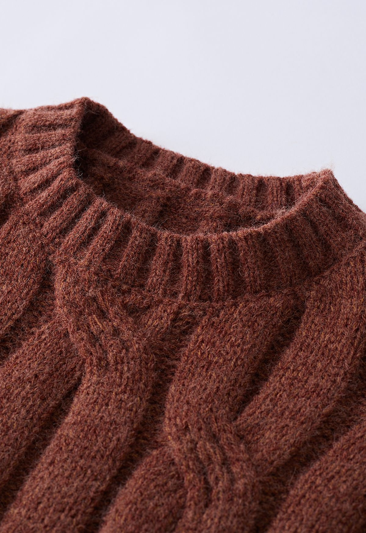 Braid Texture Round Neck Knit Sweater in Rust Red