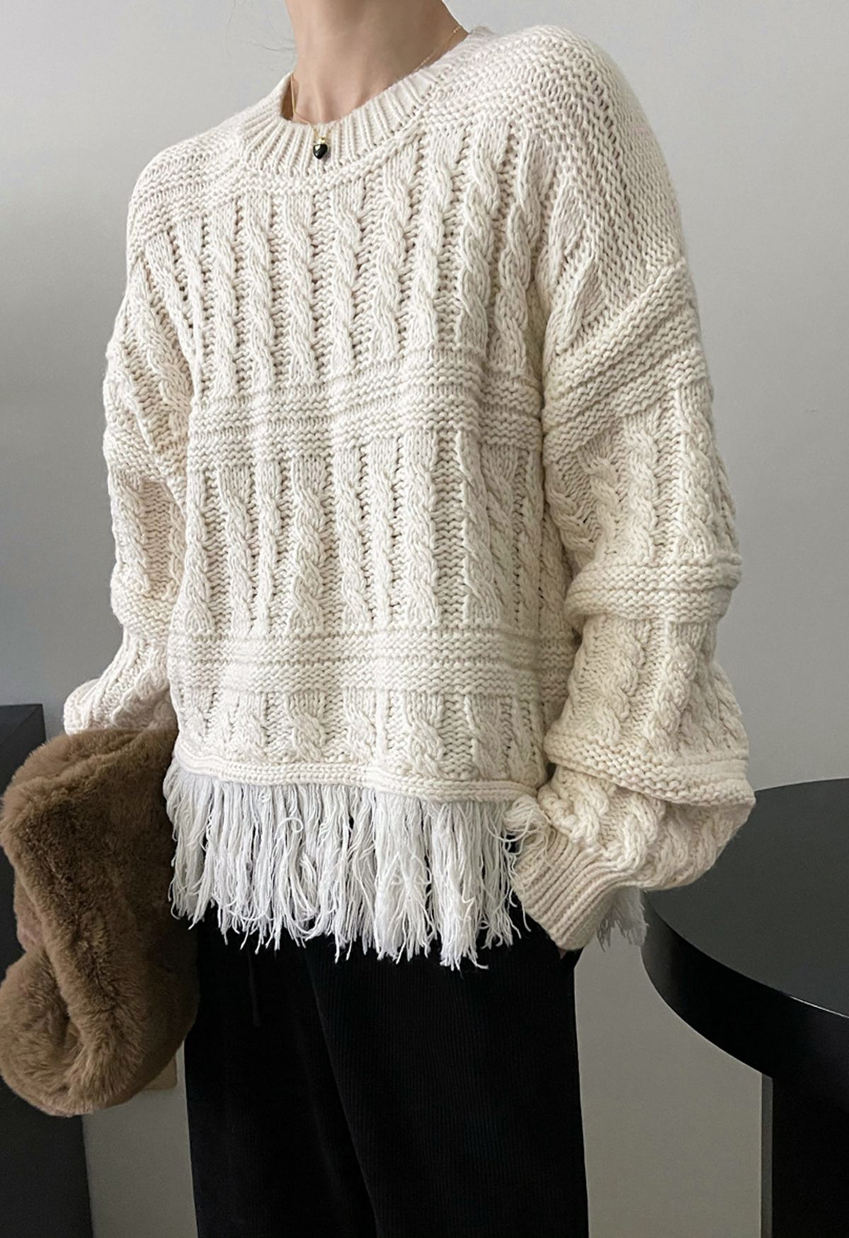 Fringed Hem Braided Knit Sweater in Ivory - Retro, Indie and Unique Fashion