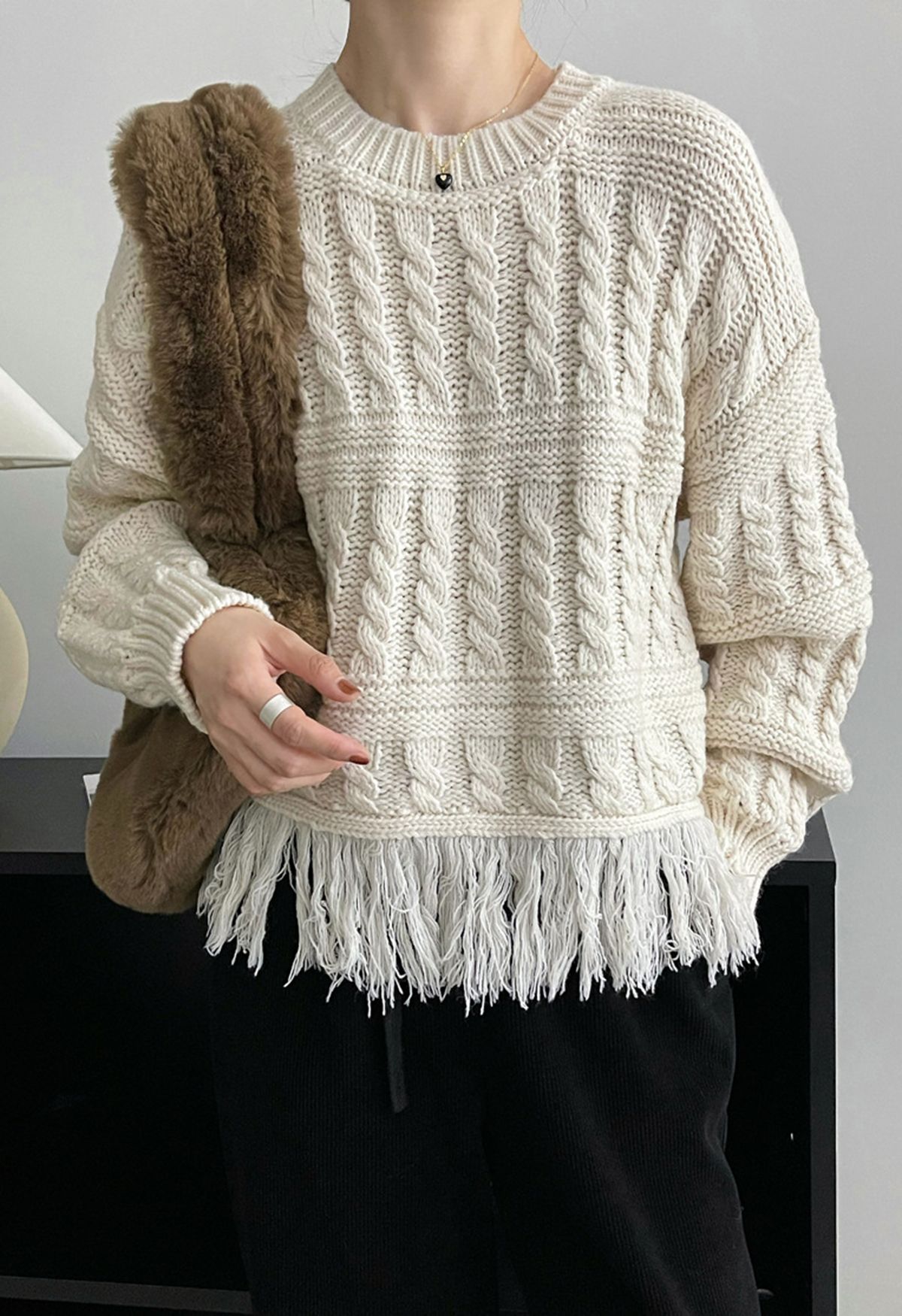 Fringed Hem Braided Knit Sweater in Ivory - Retro, Indie and Unique Fashion