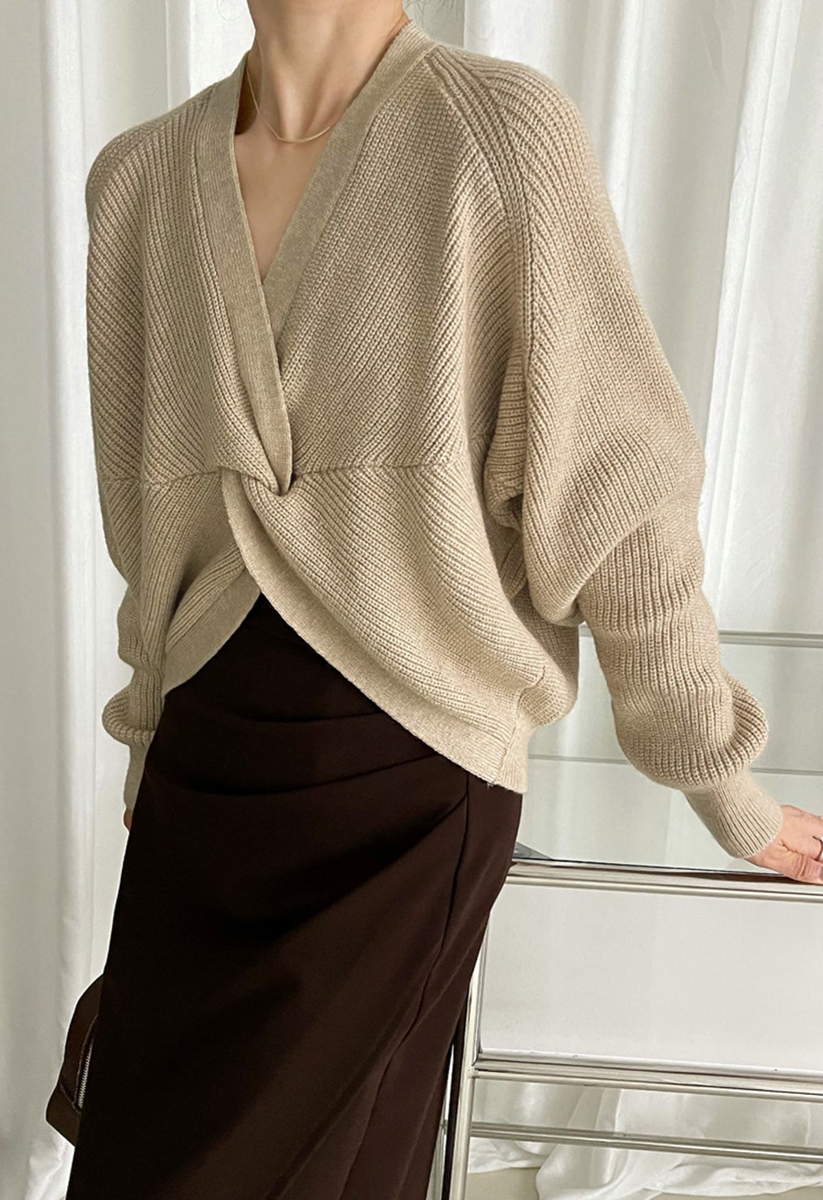 Twist Front Solid Color Sweater in Light Tan