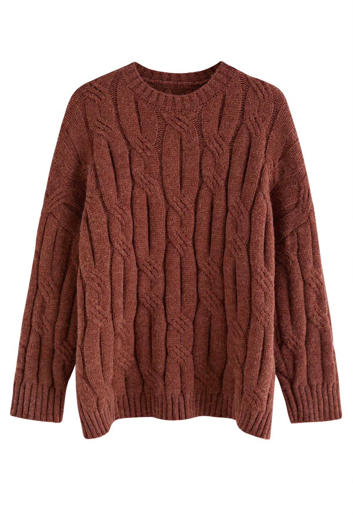 Braid Texture Round Neck Knit Sweater in Rust Red - Retro, Indie and ...
