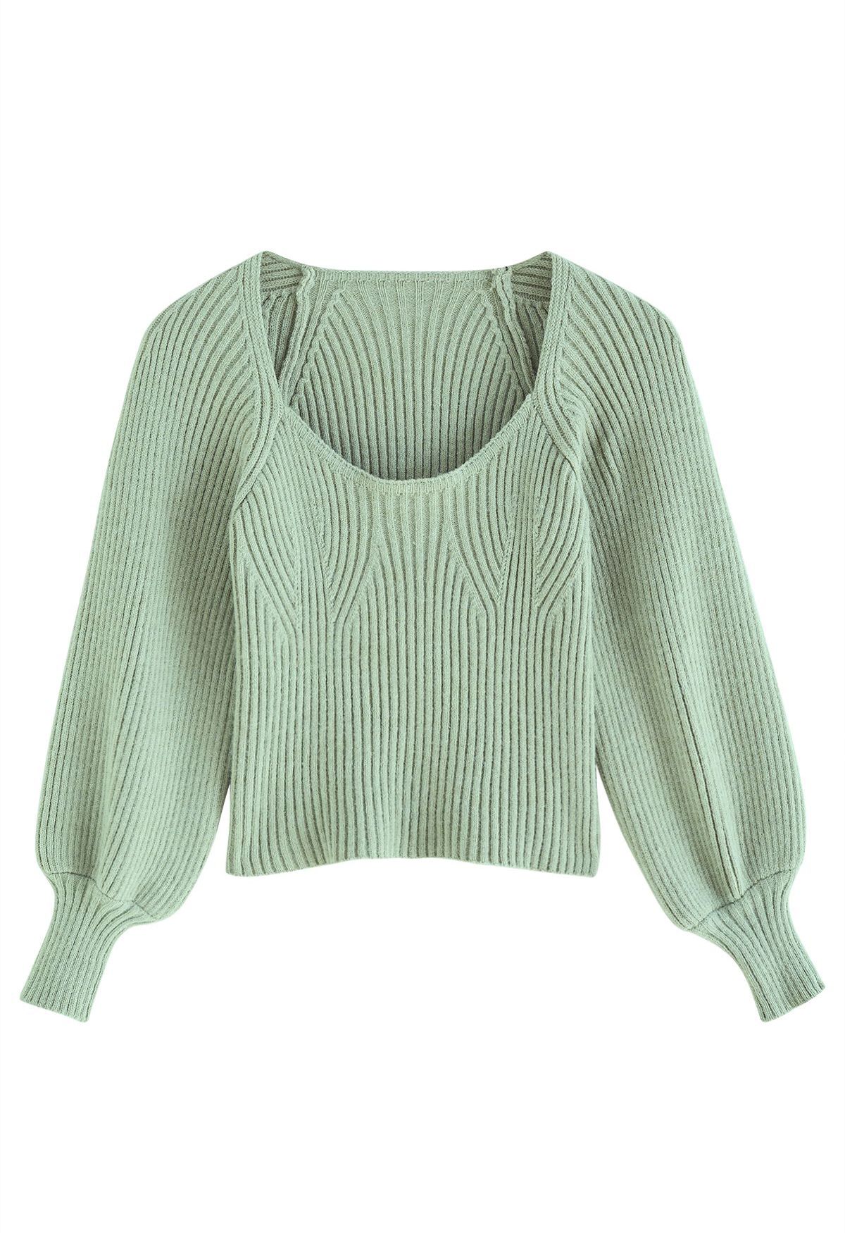 Wide Round Neck Rib Knit Top in Mint - Retro, Indie and Unique Fashion