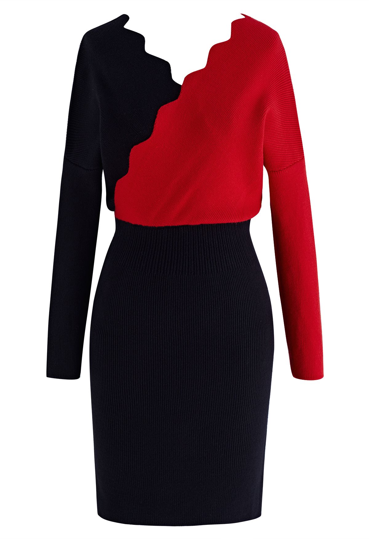 Cafe Time Contrast Wavy Wrap Knit Dress in Red