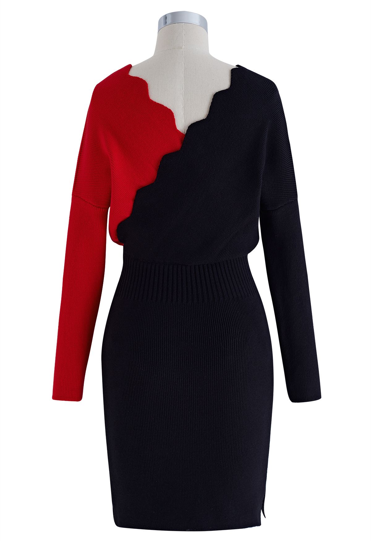 Cafe Time Contrast Wavy Wrap Knit Dress in Red