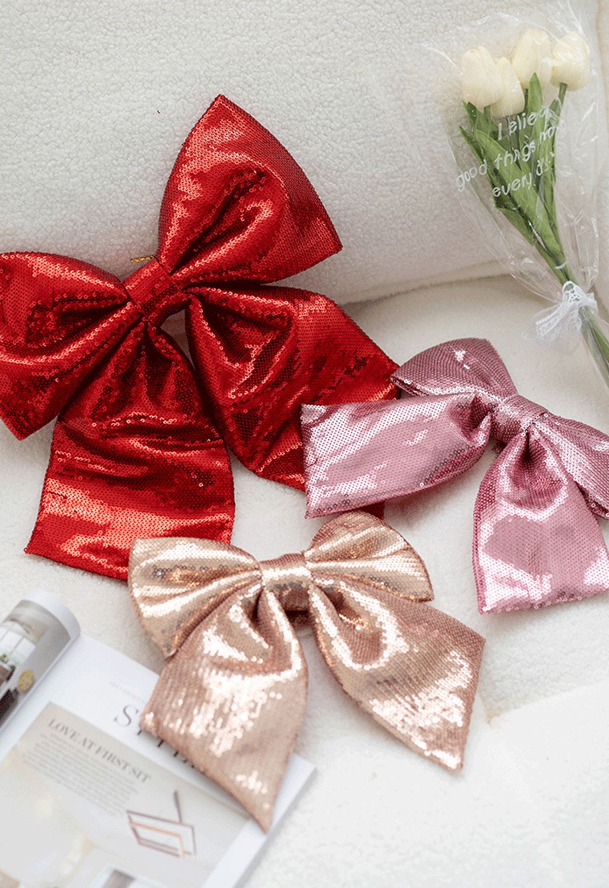 Full Sequins Bowknot Christmas Ornament in Pink