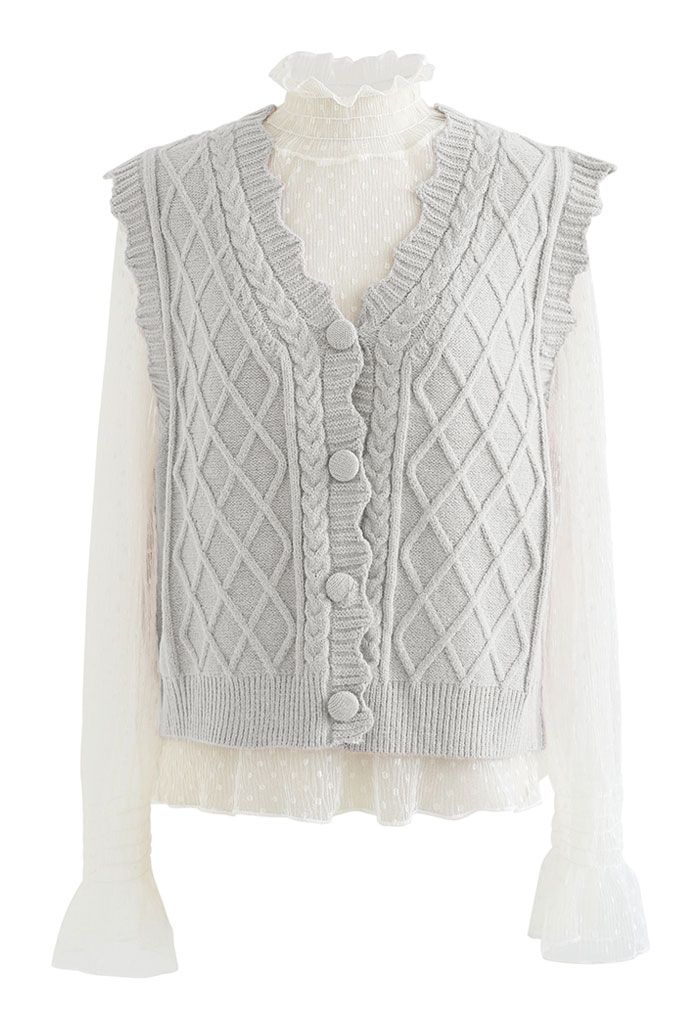 Lacy Dotted Top and Button Down Knit Vest Set in Grey
