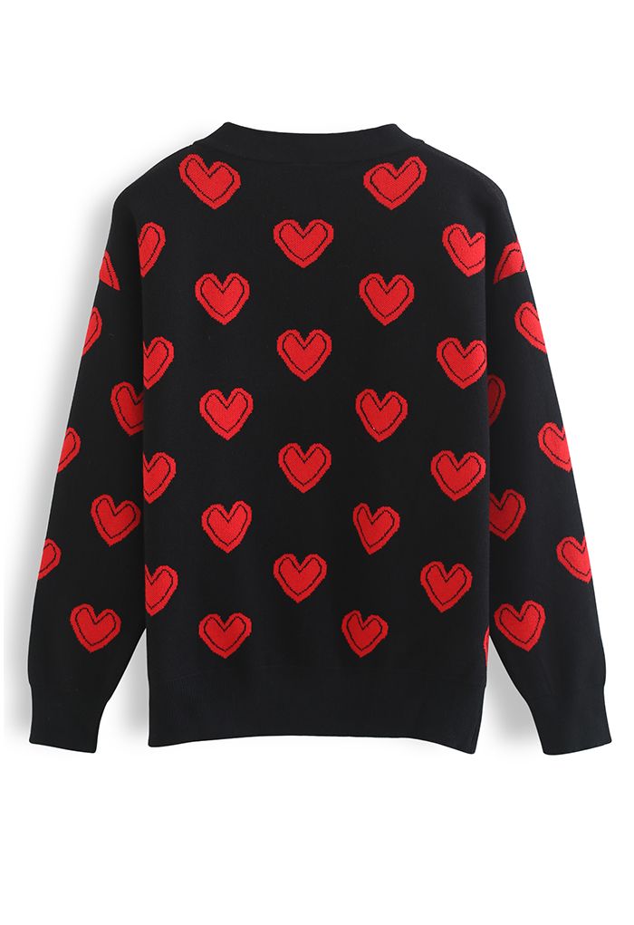 Cutie Heart Button Down Knit Cardigan in Black