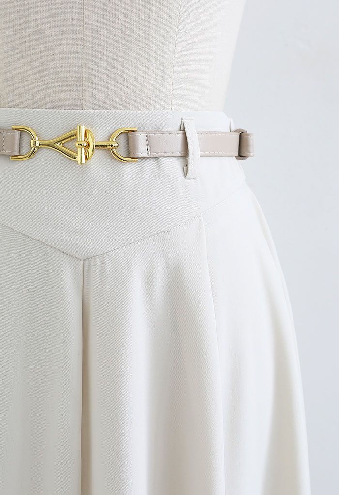 Metallic Buckle Belt A-Line Midi Skirt in Ivory